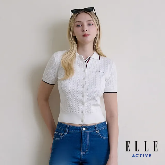 【ELLE ACTIVE】女款 開襟排釦麻花針織短袖上衣-白色(EA26S1W5108-90)