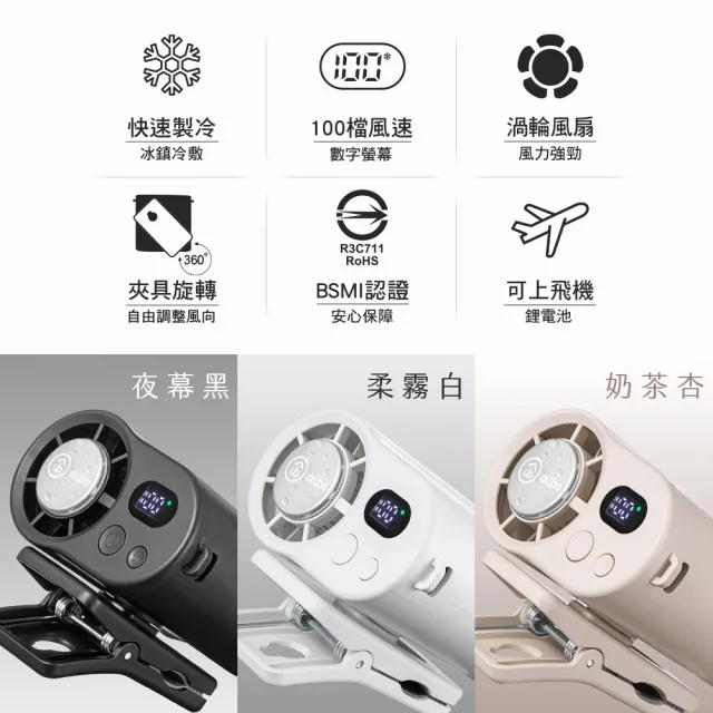 【aibo】冰敷100檔數顯高速 多功能風扇(可掛腰/頸掛/掛背包/夾雨傘)