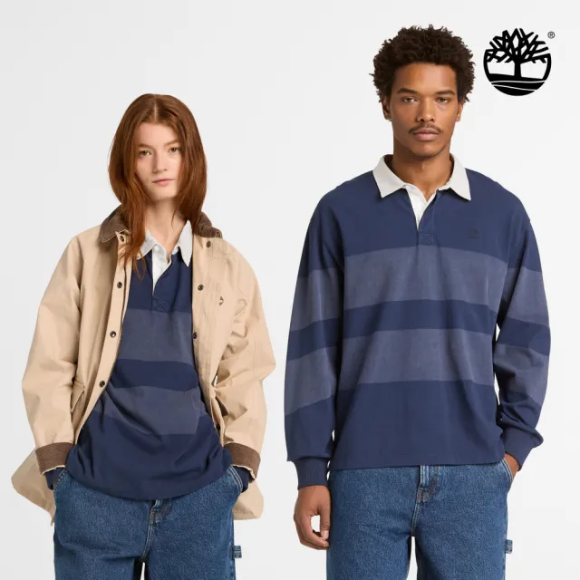 【Timberland】中性深藍色寬版條紋長袖橄欖球Polo衫(A5SPY451)