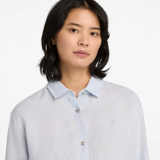 【Timberland】女款灰色寬版亞麻長袖襯衫(A67N7A7E)