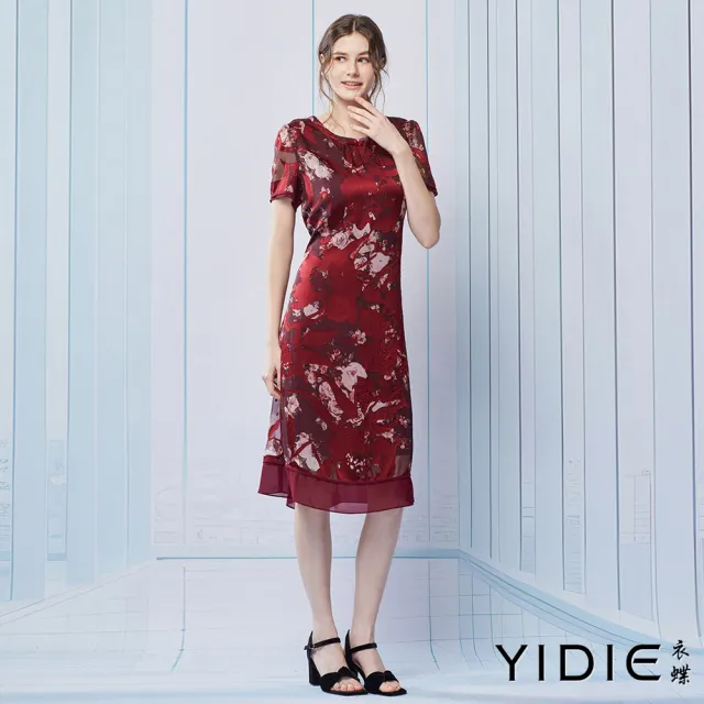 【YIDIE】復古華麗紅褐渲染玫瑰花卉人造絲洋裝-暗紅