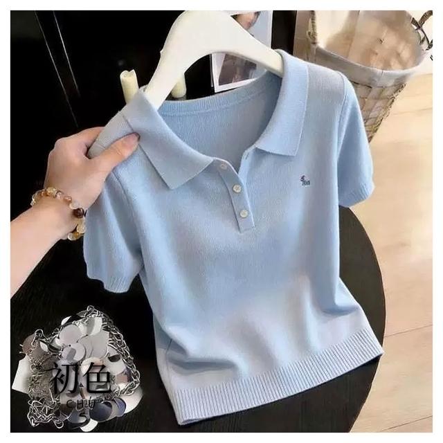 【初色】簡約休閒柔軟針織翻領刺繡半扣式正肩短袖Polo衫上衣女上衣-共5色-50845(F可選)