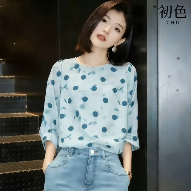 【初色】日系寬鬆圓領滿版波點七分袖泡泡袖襯衫上衣女上衣-藍色-14434(M-2XL可選) - momo購物網 - 好評推薦 -2026年7月