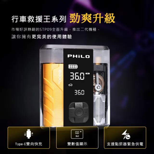【Philo 飛樂】STP09二代 救車x打氣多功能機透視升級版 8800mah /支援5000cc汽油車/PD快充/球類打氣