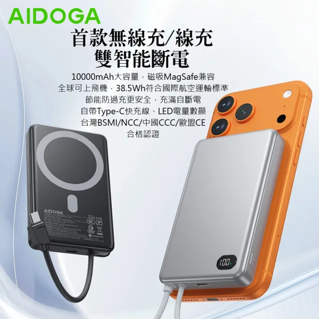 【AIDOGA】10000mAh 可上飛機 智能斷電磁吸無線充電行動電源 PD雙向快充線 Wh/中國CCC/QRCode/台灣BSMI認證
