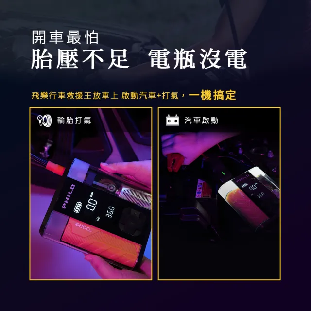 【Philo 飛樂】STP09二代 透明救車打氣多功能機8800mAh(救車行動電源/救車電源/車用打氣機/電動打氣機)