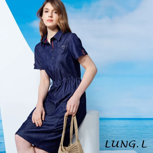 【LUNG.L 林佳樺】LW44H 深藍仿牛仔壓收腰短袖洋裝
