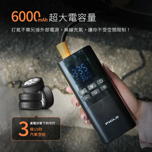 【Philo 飛樂】TP21Pro 6000Mah 雙供電 無線電動打氣機-雙數值顯示 (汽車打氣機/附3米點菸線/車用充氣)