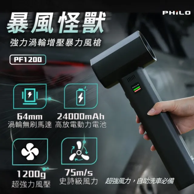 【Philo 飛樂】PF1200 24000Mah 強力渦輪增壓暴力風槍(除塵機/吹塵器/強風機/除塵槍/風槍/暴力渦輪)