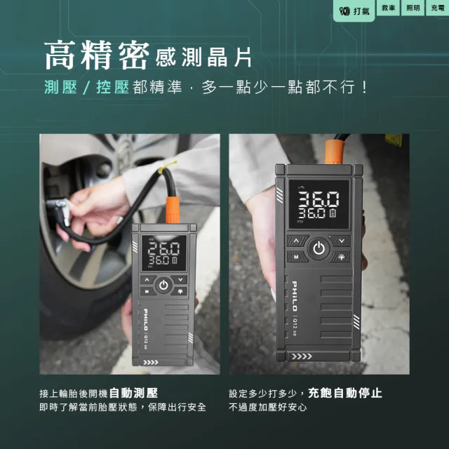 【Philo 飛樂】Q12se 12000Mah 救車打氣多功能機(打氣機/汽車急救電源/汽車接電/汽車啟動電源/自動打氣機)
