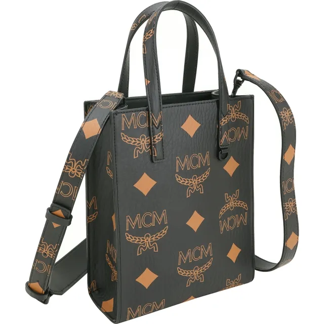 【MCM】MAXI VISETOS 小款 經典老花皮革直立式托特手提 肩背包-黑色