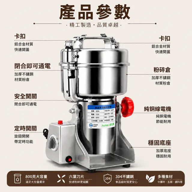 【Felsted 菲仕德】不鏽鋼大容量磨粉機800克(搖擺式超細中藥打粉機 五谷雜糧粉碎機 磨粉機)