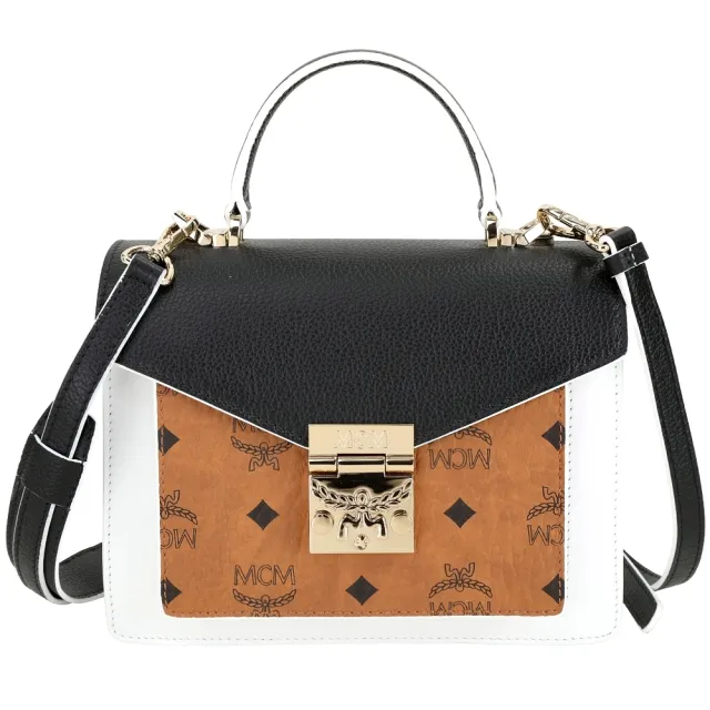 【MCM】Patricia Satchel 小款拼色圖騰皮革金釦兩用包-白色