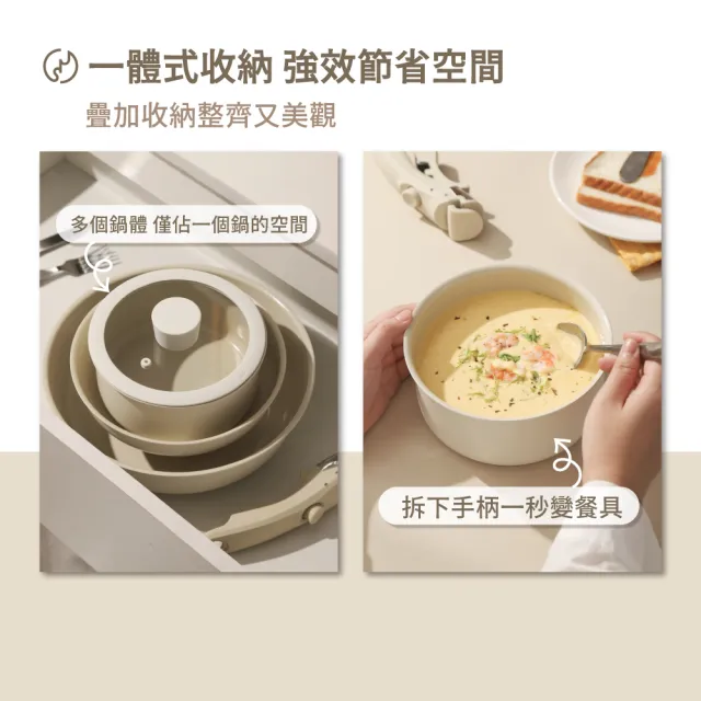 【MASIONS 美心】RAKI系列 可拆鍋 土耳其奶白陶瓷不沾鍋3鍋7件組(煎炒鍋/平底鍋/奶鍋/可拆手柄/鍋蓋/鍋墊)