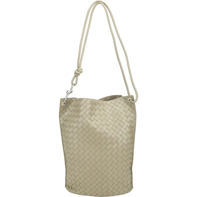 【BOTTEGA VENETA 寶緹嘉】BV Knot 可斜背 扭結金屬鉤小牛皮編織肩背水桶包-灰棕色