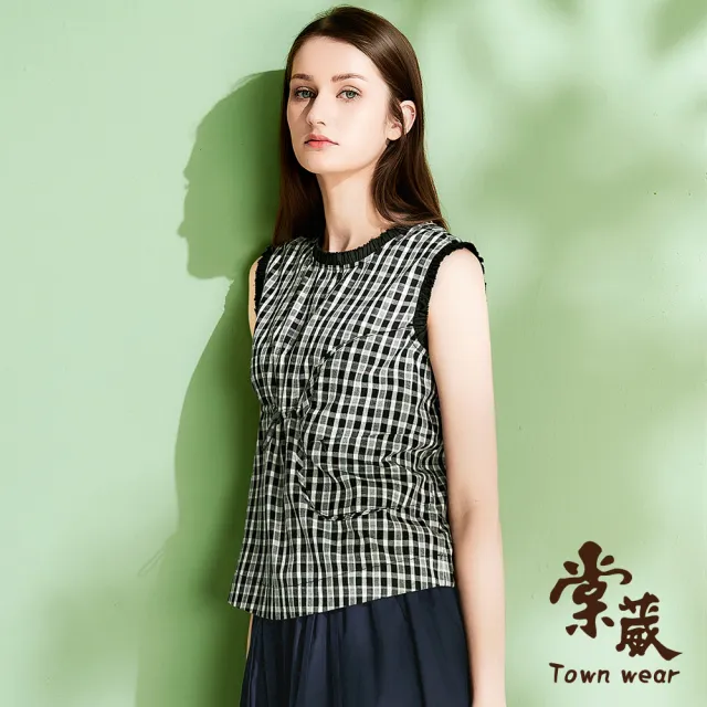 【TOWN’WEAR 棠葳】格紋蕾絲花邊抽繩純棉上衣(女上衣/女上著/棉質/無袖/T恤/口袋/拉鍊)