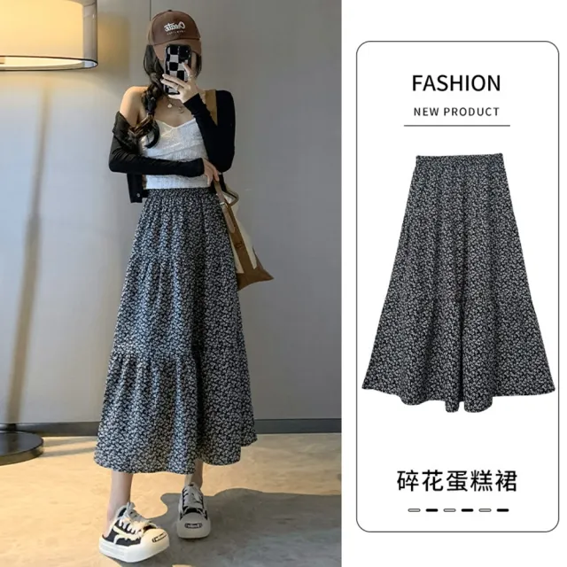【巴黎精品】現貨+預購 女半身裙長裙A字裙蛋糕裙大碼洋裝休閒大尺碼女裝(溫柔風黑色碎花蛋糕m1aa13)