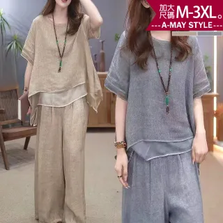 【Amay Style 艾美時尚】夏新品 中大尺碼女裝 兩件式 日系不規則下擺棉麻感舒適寬褲套裝。M-3XL(2色.預購)