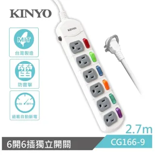 【KINYO】CG166-9 6開6插2.7公尺安全延長線(白色)
