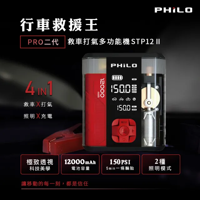【Philo 飛樂】STP12PRO二代 12000Mah 救車啟動電源x自動打氣機 多功能機(救車電源/救車電霸/充電打氣機)