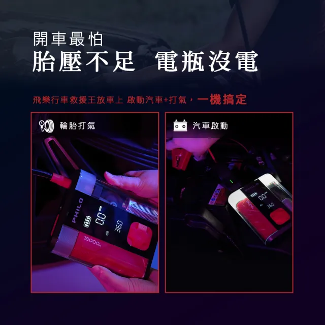 【Philo 飛樂】行車救援王 STP12PRO二代 12000mAh 救車打氣一體機/汽柴油救車/自動打氣機/救車行動電源