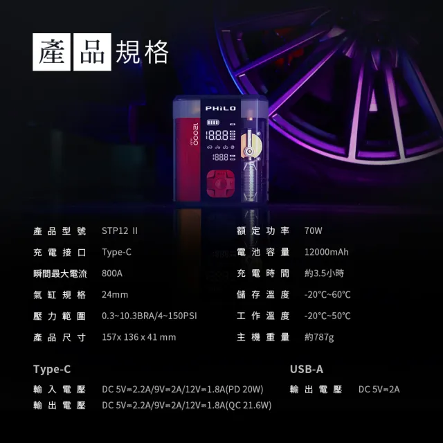 【Philo 飛樂】STP12PRO二代 12000Mah 救車啟動電源x自動打氣機 多功能機(救車電源/救車電霸/充電打氣機)
