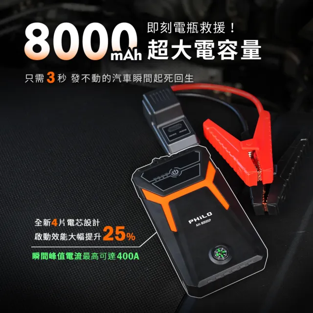 【Philo 飛樂】8000mAh汽油版汽車急救電源 AH-8000SP 附帶指南針功能(汽車啟動電源/汽車救援/汽車電霸)