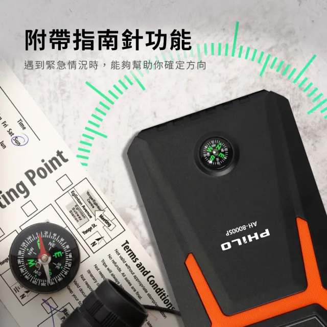 【Philo 飛樂】8000mAh汽油版汽車急救電源 AH-8000SP 附帶指南針功能(汽車啟動電源/汽車救援/汽車電霸)