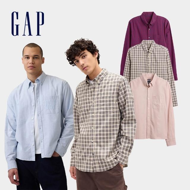 【GAP】男裝 直筒下擺翻領長袖襯衫-多款任選(868348&856653)