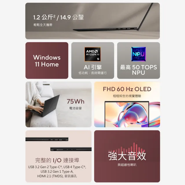 【ASUS 華碩】滑鼠組★14吋Ryzen AI 5 輕薄筆電(Zenbook UM3406GA/Ryzen AI 5-430/16G/512G SSD/W11/OLED)