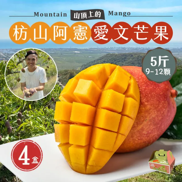 【初品果】屏東青農楊忠憲-枋山阿憲愛文芒果禮盒5斤9-12顆x4盒(中小果_山頂上的愛文芒果_禮盒)