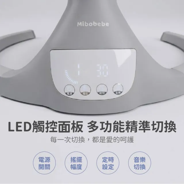 【Mibobebe】一鍵安裝LED多功能電動嬰兒搖椅-2色(護脊設計 可坐可躺 觸控面板 藍芽音樂)