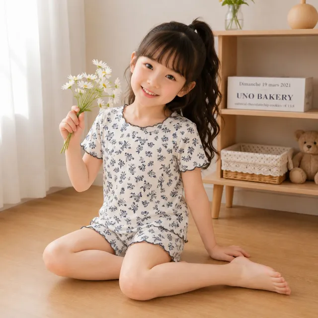 【安朵童舖】現貨韓版夏季兒童薄款居家空調服居家圓點套裝碎花套裝女寶女童空調服套裝