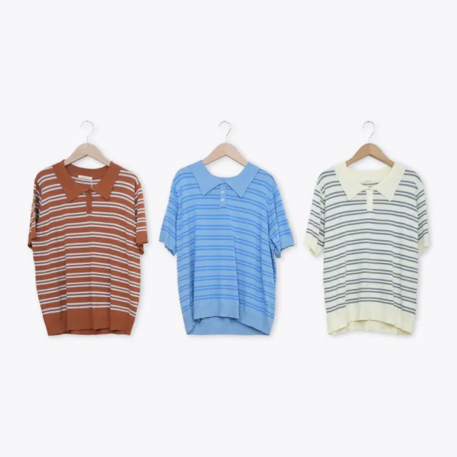 【MOSS CLUB】撞色橫條紋開襟翻領短袖針織上衣 藍 米 駝(魅力商品)