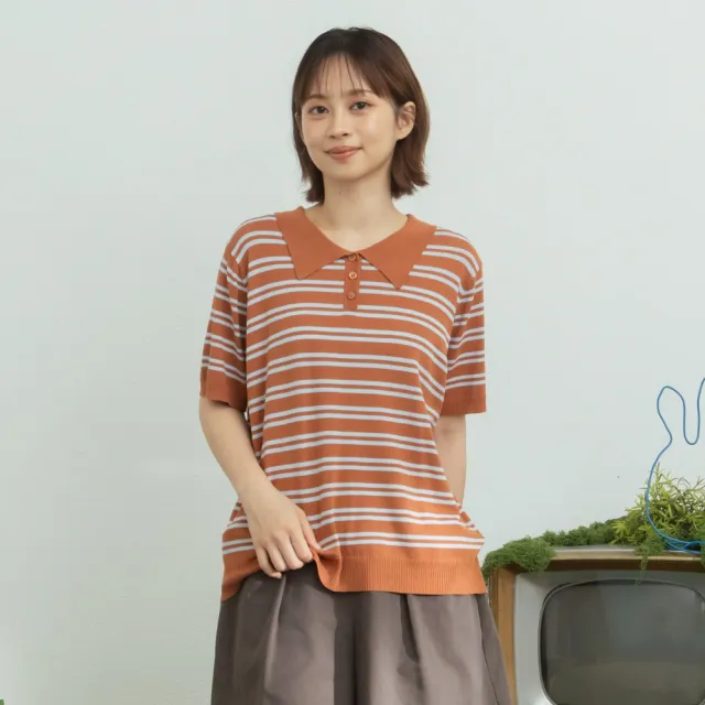 【MOSS CLUB】撞色橫條紋開襟翻領短袖針織上衣 藍 米 駝(魅力商品)