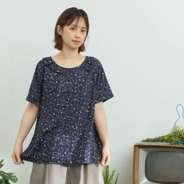 【MOSS CLUB】彩色手繪風花卉不對襯荷葉領襯衫 藍 黑 白(魅力商品)