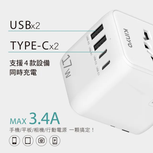 【KINYO】多合一雙插座萬國轉接頭17W(USB+TypeC MPP-3517W)