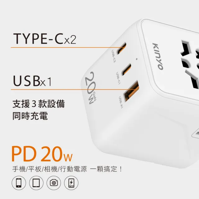 【KINYO】多合一雙插座萬國轉接頭20W(USB+TypeC MPP-3520W)