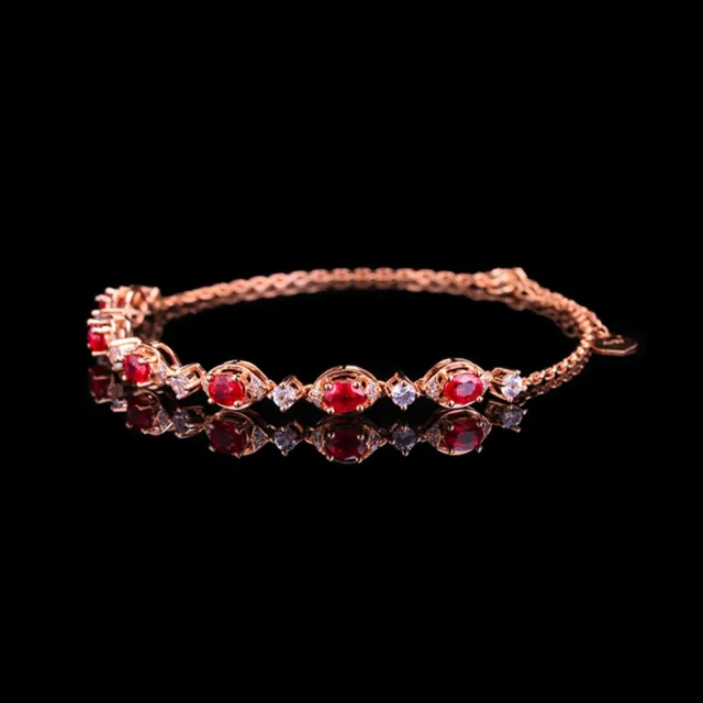 海斯珠寶 2克拉天然紅寶石 18K玫瑰金鑽石手鍊 白色藍寶石 橢圓形切割 奢華送禮 高級珠寶 浪漫質感