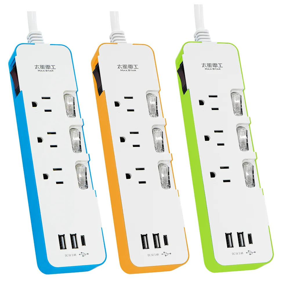 【太星電工】速充寶彩色3.4A 3USB 四開三插電腦線3P/6尺(OCV43306)