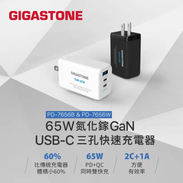 【Gigastone 立達國際】2入組 65W GaN氮化鎵三孔USB-C充電器PD-7656 (支援iPhone17/手機/平板/筆電快充)