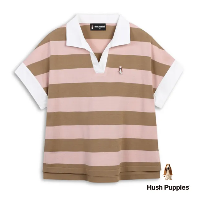 【Hush Puppies】女裝 線衫 配色條紋刺繡小狗襯衫領線衫 (粉/咖條紋 / 63213107)