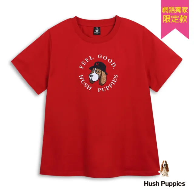 【Hush Puppies】女裝 T恤 漁夫帽狗刺繡寬版T恤 (紅色 / 63211906)