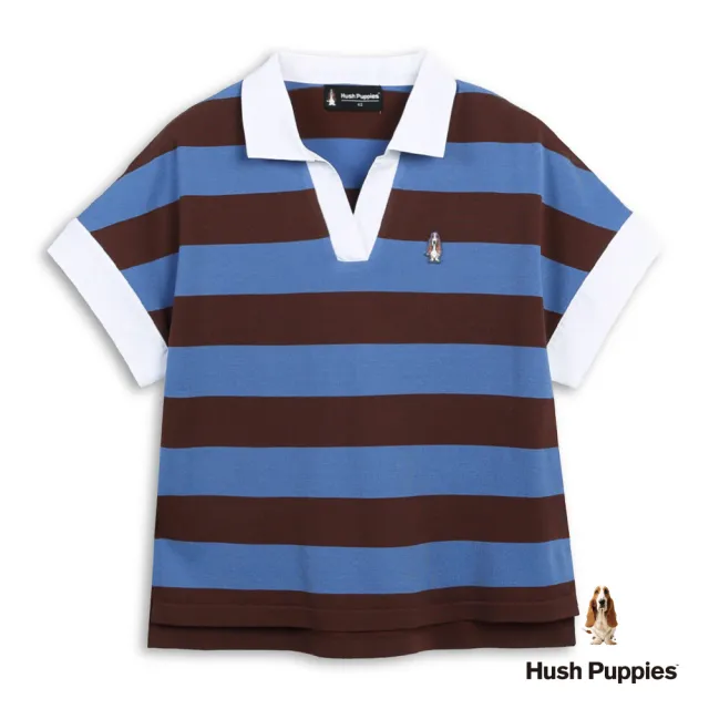 【Hush Puppies】女裝 線衫 配色條紋刺繡小狗襯衫領線衫 (藍/咖條紋 / 63213107)