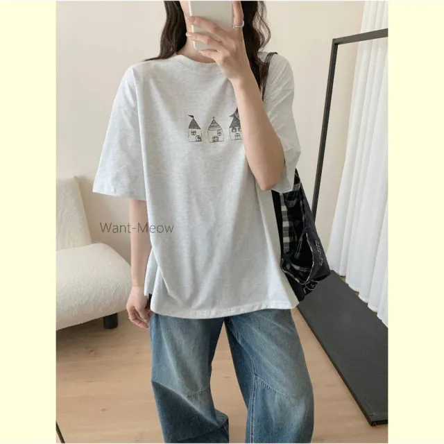 【Want-Meow】90公斤可穿/寬鬆獨家質感可愛小屋插畫T棉T大尺碼上衣大尺碼T恤(大碼/大尺碼/加大碼/短袖上衣)