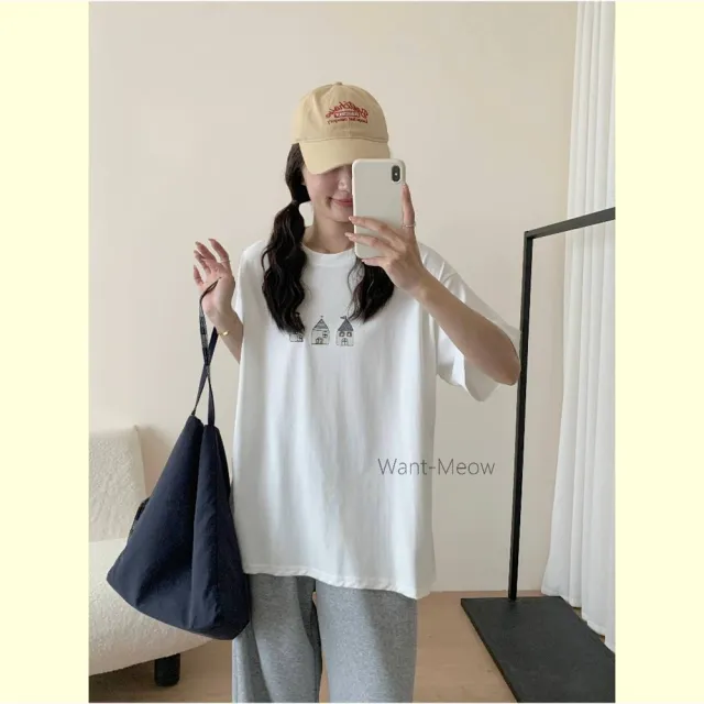 【Want-Meow】90公斤可穿/寬鬆獨家質感可愛小屋插畫T棉T大尺碼上衣大尺碼T恤(大碼/大尺碼/加大碼/短袖上衣)