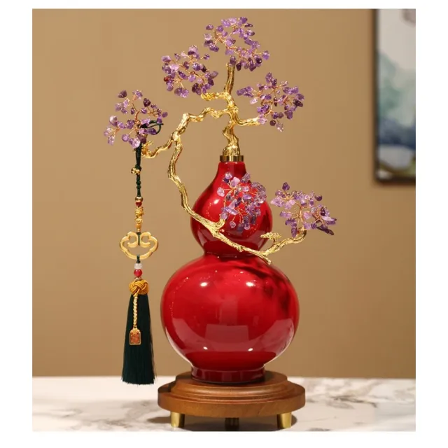 紫水晶葫蘆擺件陶瓷水晶樹紫氣東來水晶石招財樹工藝品裝飾喬遷禮物客廳