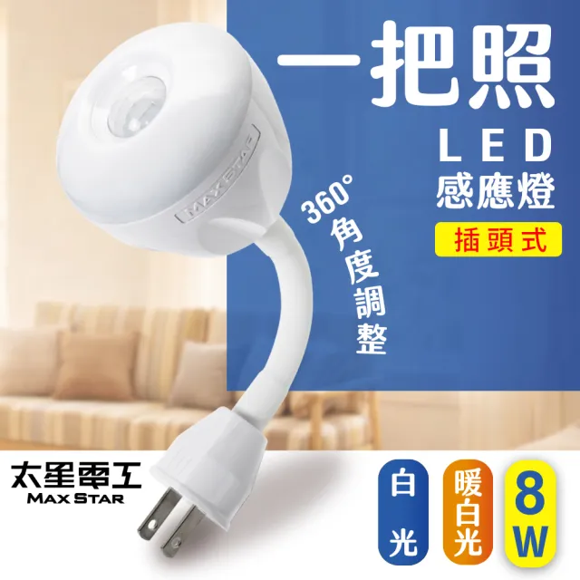 【太星電工】一把照LED人體感應燈 8W AC插頭式 自動感應節能夜燈 (白光/暖白光) 玄關走廊適用