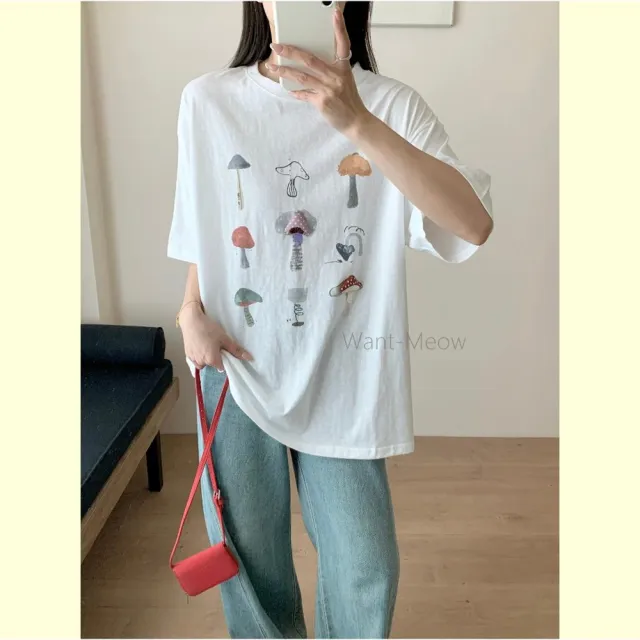 【Want-Meow】90公斤可穿/寬鬆獨家質感韓系蘑菇插畫T棉T大尺碼上衣大尺碼T恤(大碼/大尺碼/加大碼/短袖上衣)