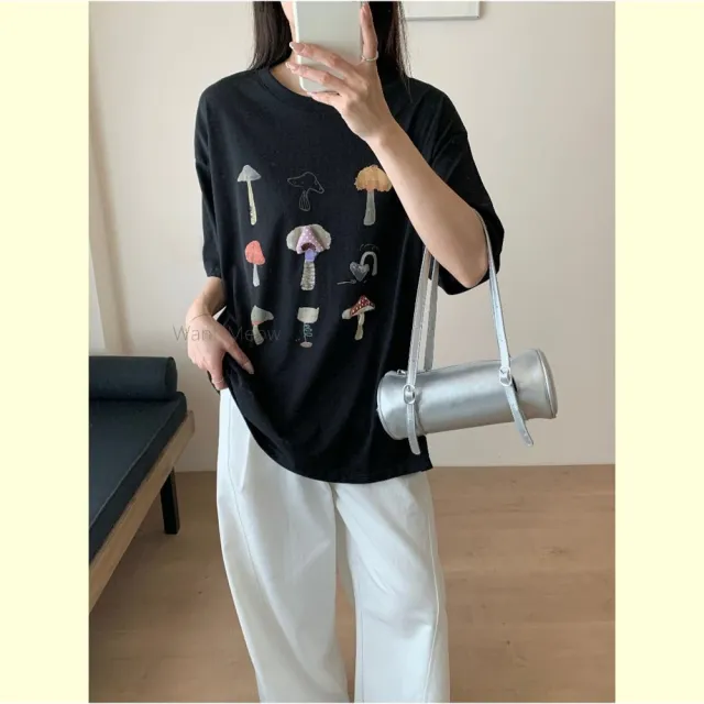 【Want-Meow】90公斤可穿/寬鬆獨家質感韓系蘑菇插畫T棉T大尺碼上衣大尺碼T恤(大碼/大尺碼/加大碼/短袖上衣)